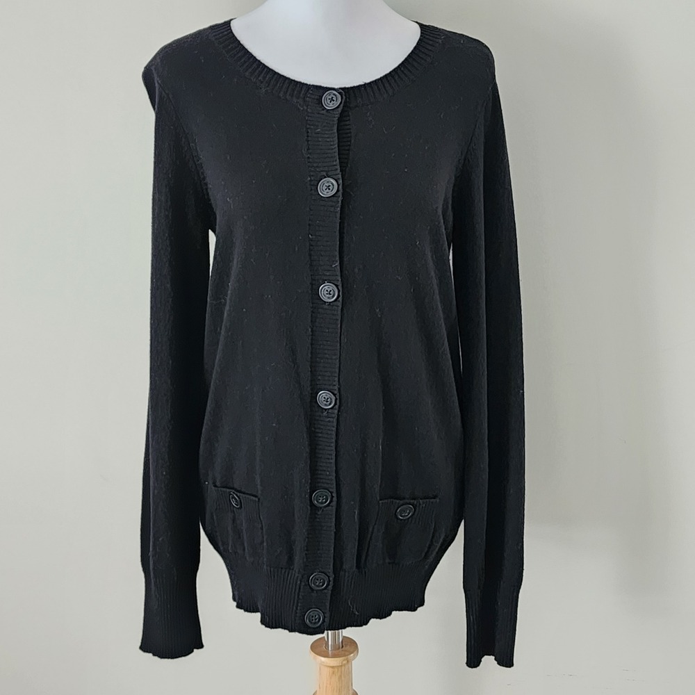 Anne Klein Cashmere Cotton Cardigan Sweater Womens Medium Black Luxury Office
